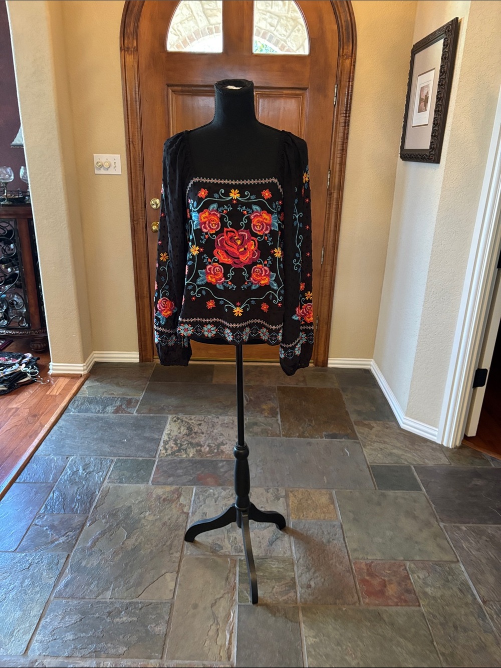 Savanna Jane Black V-Neck Blouse with Red & Orange Floral Embroidery
